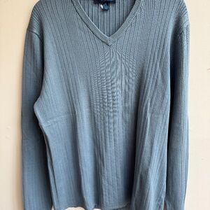 Material London Silk Sweater Blue Long Sleeve V Neck Men's M Ribbed Thick NWOT